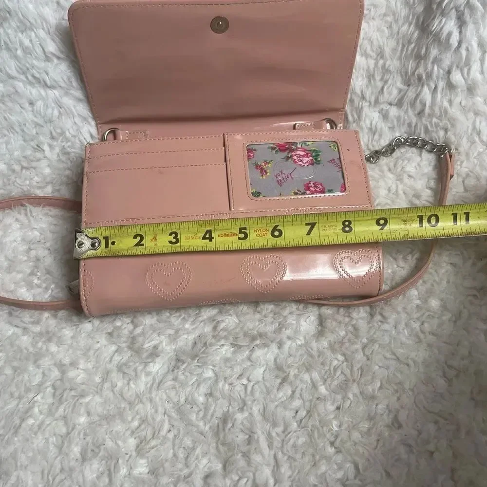 Betsey Johnson synthetic heart embossed pink patent crossbody bag Bow accent
